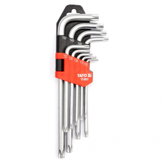 Ключі "TORX" Г-подібні YATO,  короткі з отвором, 9шт